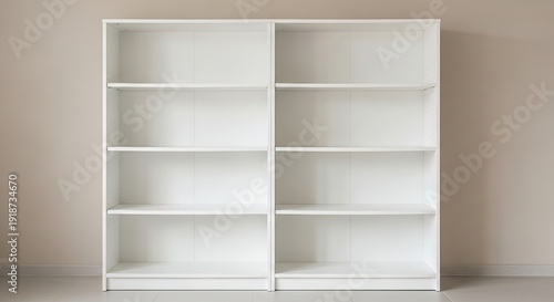 Empty white bookshelf against beige wall shelves interior home decor