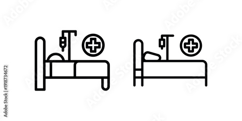 Two hospital beds with IV stands and medical crosses in black outline representing healthcare and recovery vector icons