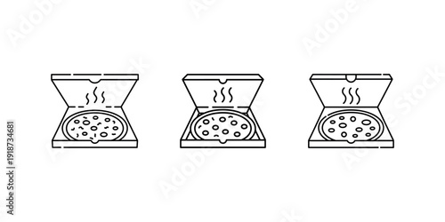 Pizza delivery box icon set showing fresh hot food with steam for restaurant menu design and fast food takeaway service isolated linear vector illustration