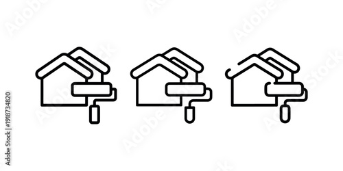 House painting service icon set featuring paint roller and residential building outline for home renovation property maintenance and construction projects
