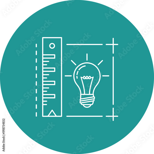 Innovative design process with ruler and light bulb icon representing creative engineering projects on teal background