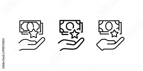 Money reward icon set with hand holding banknote and star symbol representing cash back payment bonus incentive and financial success business concepts