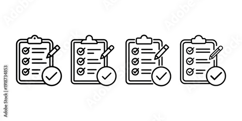 Clipboard checklist icon set with pencil and checkmark circle for task management productivity progress tracking and quality control business operations