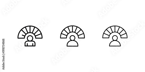 Three black outline icons illustrating an individual with a fan or a gauge above their head, possibly representing a thought process, a mood indicator, or a performance level