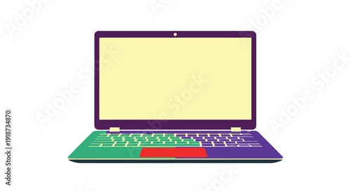A colorful flat illustration of a modern laptop computer with a blank screen