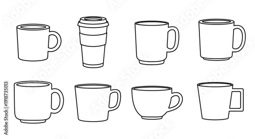 Line drawing of six different shaped mugs and cups all without color