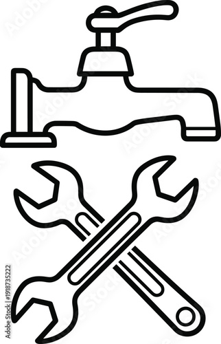 Plumbing tools with faucet and wrenches line icon repair service symbol