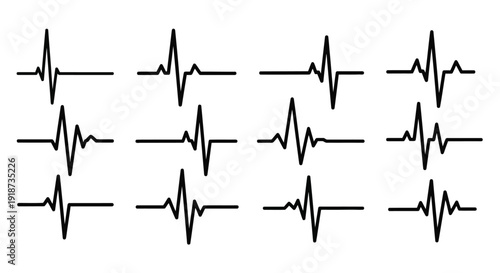 Abstract black lines resembling heartbeats or sound waves arranged in a grid