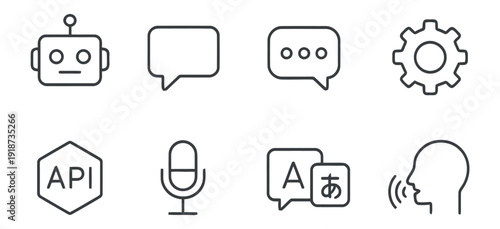 Artificial intelligence icons for AI chatbots and machine learning, including robot, settings, and microphone