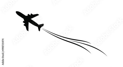 Silhouetted airplane in flight leaving a contrail against a white backdrop