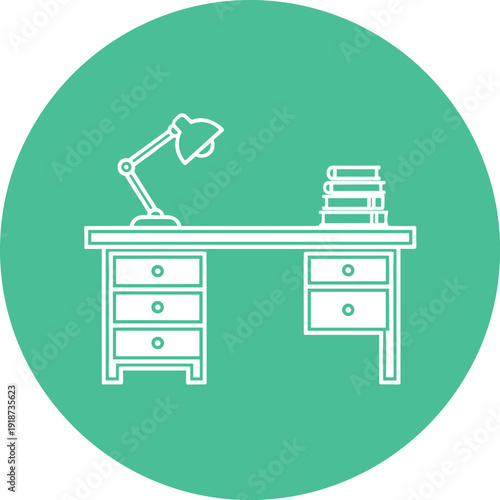 Working desk icon showing office furniture with lamp and books in thin line style on green circle background graphic