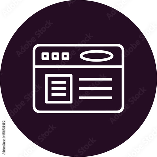 Website browser interface icon featuring simple layout and navigation elements on dark purple circular background art