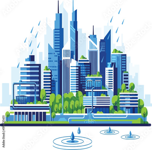 Sustainable Smart City Water Management System – Urban Rainwater Collection and Recycling Vector Illustration