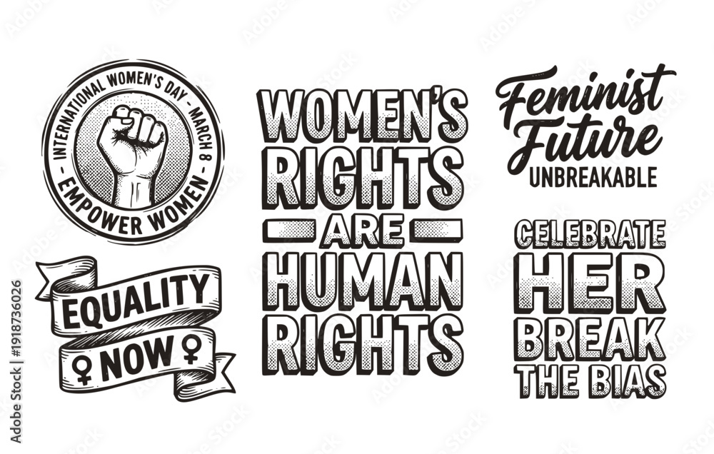 Obraz premium Black White Halftone International Women's Day Typography Set 5 Sketch Empowerment Lettering Feminist-Equality Slogan Vector Set