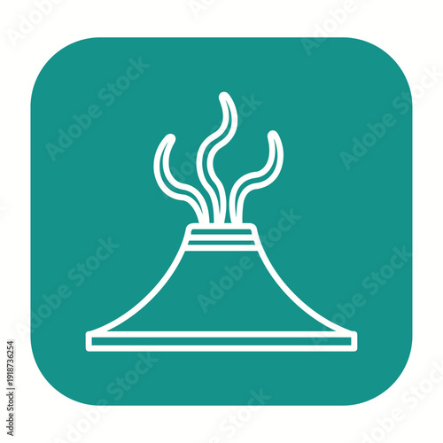 Volcano eruption line icon on teal square background for geology nature disaster and geographic science concepts