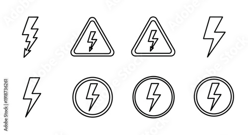 Electrical hazard warning signs triangles and circles with lightning bolts