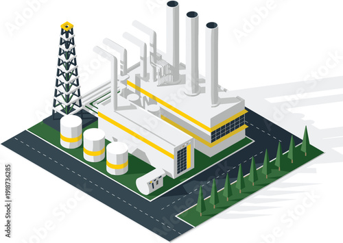 Isometric oil and gas refinery factory with drilling rig, storage tanks, pipelines and smokestacks industrial infrastructure illustration