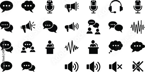 Collection of black and white audio and speech icons for communication and media