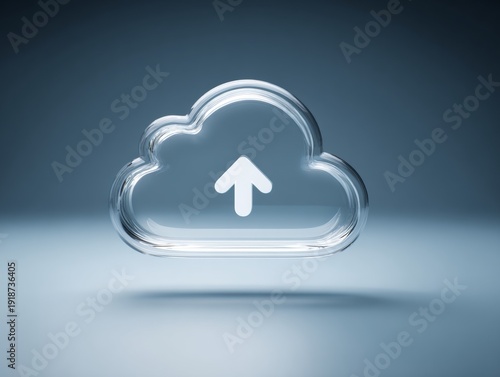 Transparent cloud icon with upload arrow on blue gradient background