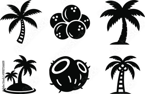 Tropical island silhouettes featuring palm trees and coconut elements