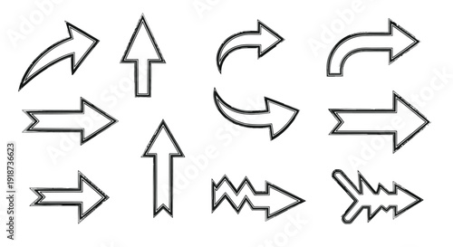 Collection of various black and white arrow symbols arranged on a white background