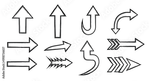 Collection of hand drawn black and white arrows indicating various directions