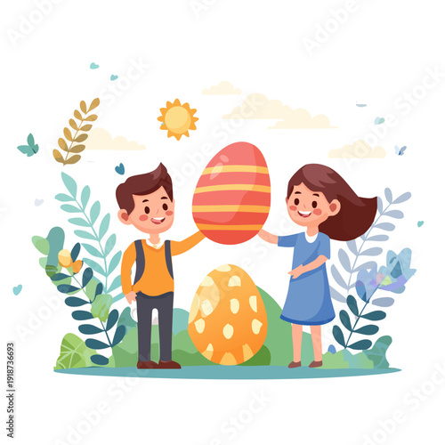 Boy and girl holding Easter eggs together in a sunny garden surrounded by plants and butterflies, viewed from the side.