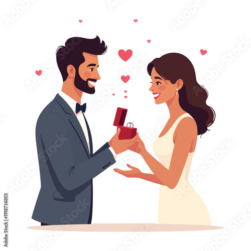 Man proposing marriage to woman with ring and hearts in romantic illustration