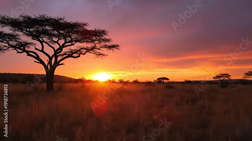 Wallpaper Mural African savanna sunset with silhouetted trees against a vibrant orange and purple sky during golden hour Torontodigital.ca