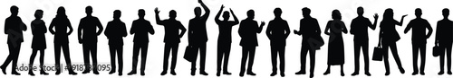 WebSilhouettes of diverse people standing in row, casual and business attire, raised hands, gestures, teamwork, diversity, lifestyle illustration concept