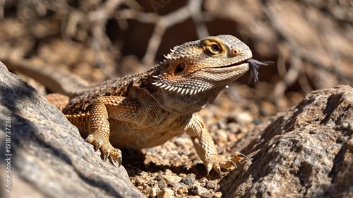 Close-up of a bearded dragon lizard resting on rocks in a natural outdoor habitat