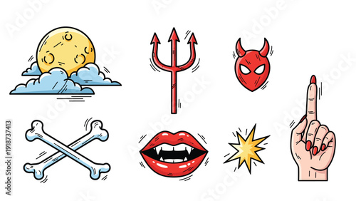 Halloween icon set includes a full moon with clouds, a pitchfork, a devil mask, crossed bones, vampire lips, and a pointing finger.