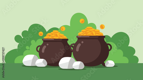 Two black pots filled with gold coins sit on green grass in front of lush bushes symbolizing luck and a Leprechaun's hidden wealth.
