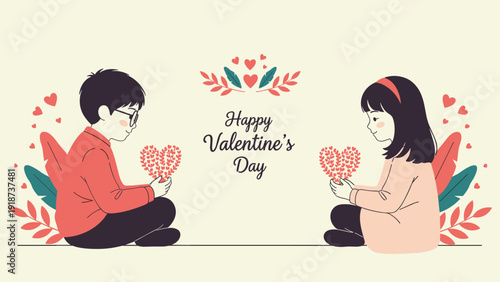 Happy Valentine's Day scene features a boy and girl sitting together while holding heart shaped bouquets for a romantic celebration.