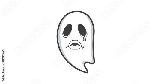 Sad ghost illustration with large dark eyes and a single tear falling down its face on a plain white background.