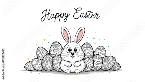Festive happy easter greeting card featuring a cute white rabbit surrounded by numerous patterned and colorful eggs.