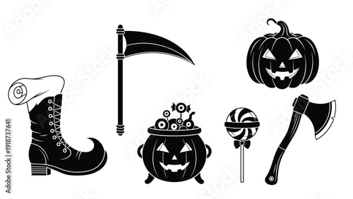 Collection of black silhouettes representing various halloween items including a scythe pumpkin boot and cauldron.