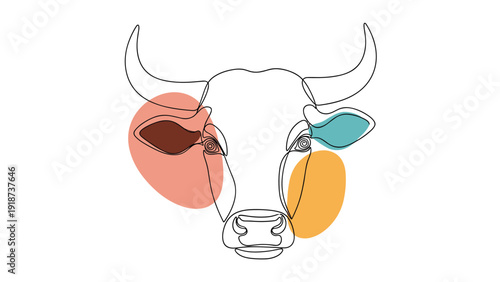 Modern abstract line art drawing of a bull head with vibrant orange and teal circles on a white background.