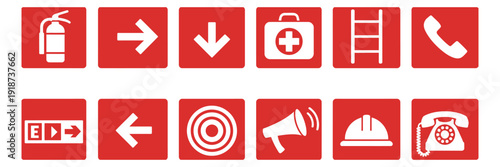 Emergency and Safety Icons, red square vector symbols including fire extinguisher, exit arrows, first aid, alarm, helmet, phone, and industrial warning signs