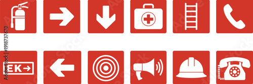 Emergency and Safety Icons, red square vector symbols including fire extinguisher, exit arrows, first aid, alarm, helmet, phone, and industrial warning signs