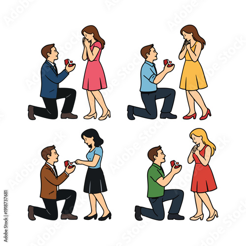 Man proposing marriage to woman with ring and hearts in romantic illustration