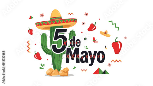 Festive cinco de mayo celebration banner featuring a cactus wearing a sombrero and vibrant mexican decor elements.
