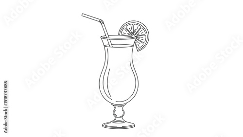 Classic tropical cocktail in a hurricane glass featuring an orange slice garnish and a straw in black line art.