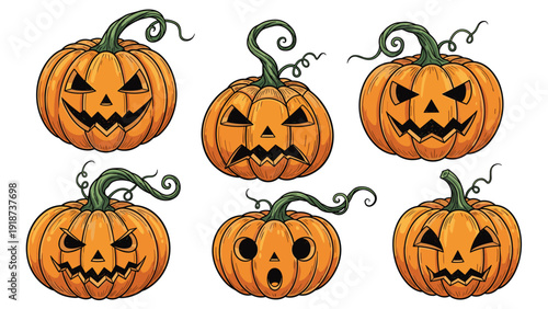 Collection of six spooky hand carved halloween jack-o-lantern pumpkins with various wicked and silly facial expressions.