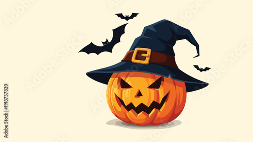 Spooky halloween jack-o-lantern wearing a tall dark witch hat with several black bats flying in the background.
