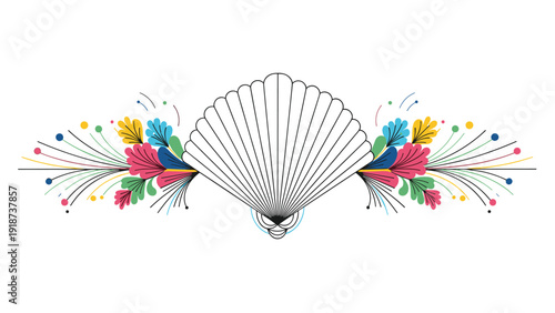 Stylized seashell illustration with colorful decorative plumes extending from the sides on a white background.