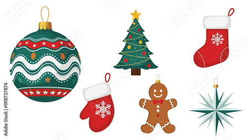 Assorted christmas holiday icons including a decorated tree ornament stocking gingerbread man and a winter star.