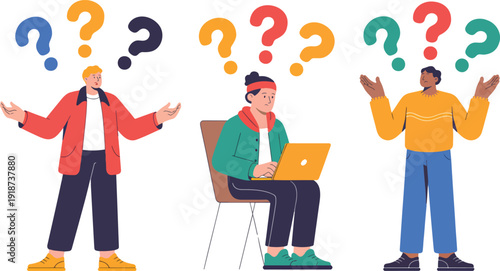 Three confused people with question marks above their heads seeking answers and solutions to problems