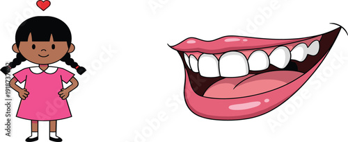 Cute Cartoon Vector Illustration of Smiling Little Girl with Heart Icon and Happy Mouth Teeth Expression for Kids, Dental, Love and Emotion Concepts