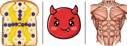 Cute Cartoon Sticker Set Featuring Monkey Character, Funny Devil Emoji, Banana Toast, Toothbrush Cup Icon, and Human Muscle Anatomy Illustration